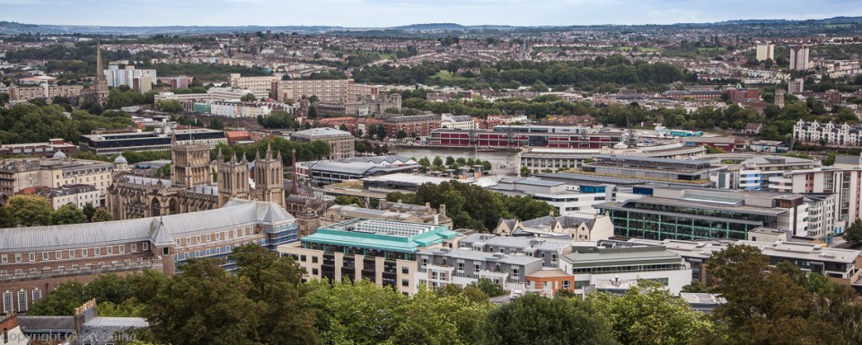 View south from Cabot Tower - from the left Council House, Cathedral, Floating Harbour, M Shed.