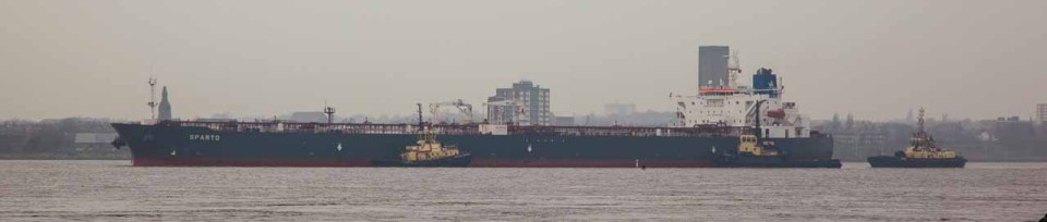 Large cargo vessels can be seen.