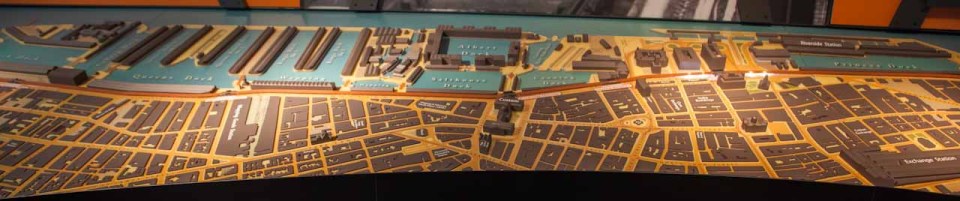 Centre view of the docklands model. Albert Dock is centre stage