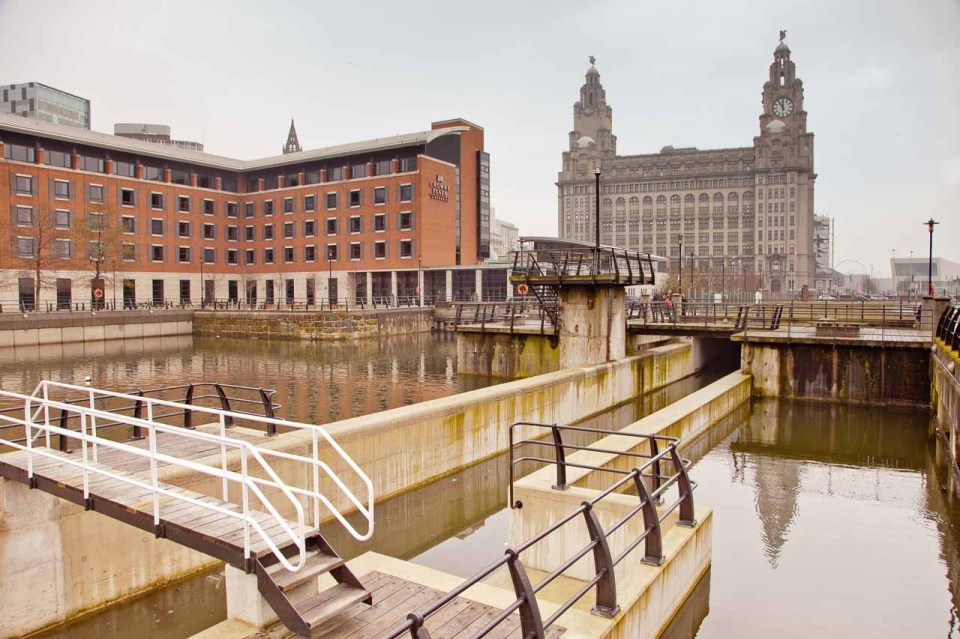 Starting from the north and working south - first is the new Liverpool Link of the Leeds and Liverpool canal passing through a dock. Beyond is the Liver Building.