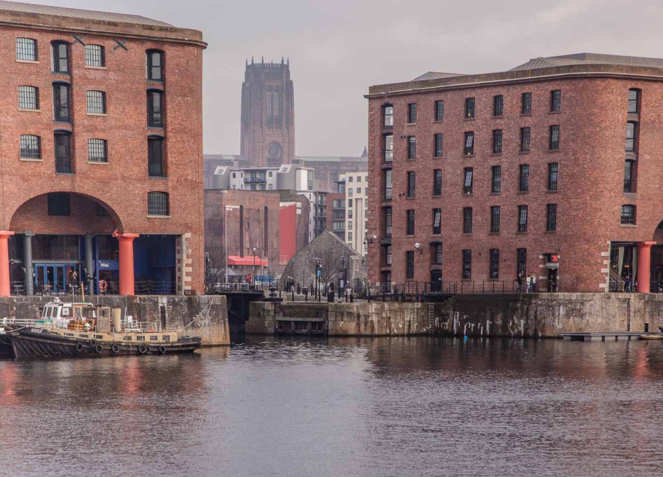 View from Albert Dock over Salthouse dock . Liverpool Anglican Cathedral is in the background, some 2.1/4 miles away.